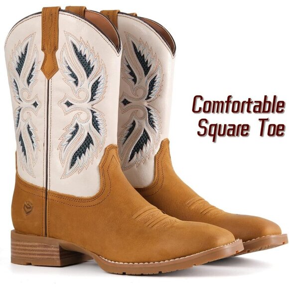Men’s Tan White Square Toe Leather Boots Durable 10-inch Pull-on Wellington Boot main image 5